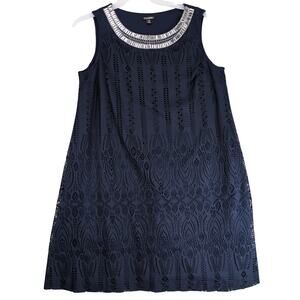 Roz & Ali Navy Cut-Out Lace Overlay Shift Dress Sz 14 Woman Rhinestone Neckline
